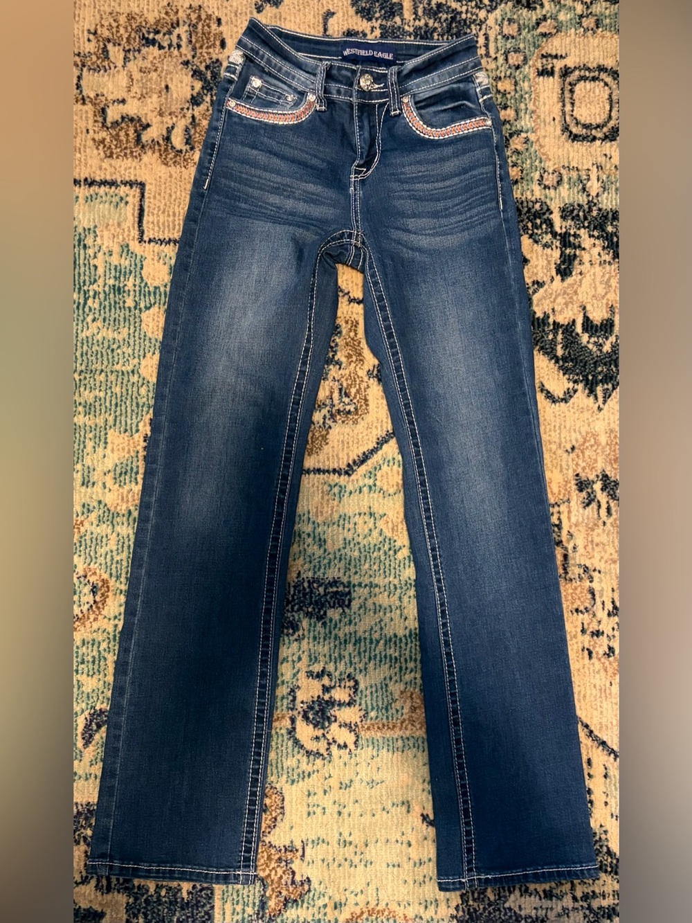 Women's Dark Blue Straight Leg Jeans with Embellished Pockets - Aeropostale